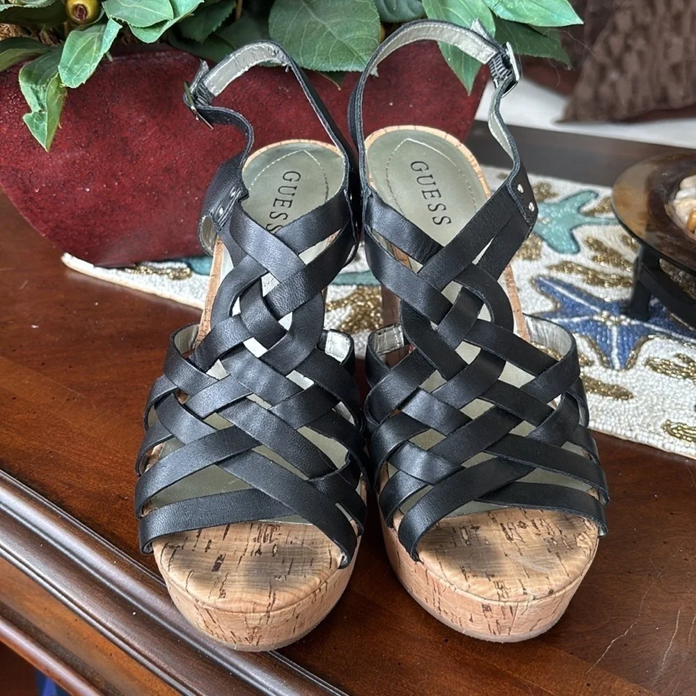 Guess Genuine Leather Black Multi-Strap Wedges Slingback Heeled Sandals Strappy